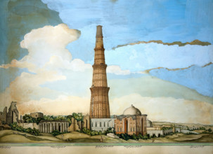 Delhi: Qutab Minar, adjoining ruins and the tomb of Imam Zamin, (1820?). Creator: Ghulam Ali Khan.