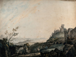 Ruins at Galetta, with lake Tunis in the distance, seen from Carthage, Tunisia, 1778. Creator: Charles Gulin.