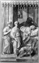 A sick, dying or dead woman lying on a bed in the presence of three figures, c1700. Creator: Gerard Hoet.
