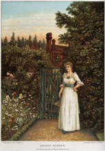 A young woman waiting in a garden by the gate, c1880s. Creator: Unknown.