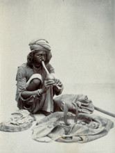 An Indian snake charmer squatting down playing his pipe, with two cobras in a basket in..., c1900. Creator: Unknown.