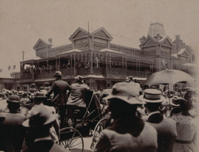 South Africa: a large crowd of people gathered outside a building in Johannesburg, 1896. Creator: Unknown.