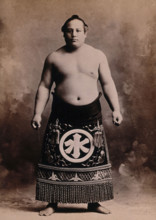 A young sumo wrestler posing in a photographic studio, wearing a richly decorated apron..., c1900. Creator: Unknown.