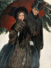 An elegantly dressed couple walk arm in arm under an umbrella, 1905. Creator: Unknown.