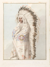 Native North American costume: a man wearing a decorated robe and a feather headdress, (1855?). Creator: Thomas Bateman.