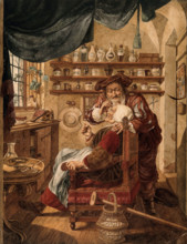 A barber-surgeon extracting stones from a woman's head; symbolising the expulsion of 'folly..., 1787 Creator: Jacob Cats.
