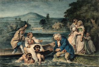A man being brought in by boat apparently drowned, his wife and family grieve on the shore, c1800s. Creator: Robert Smirke.