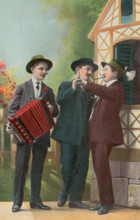 Two Dutch men dancing together, accompanied by an accordionist, (between 1900 and 1909?). Creator: Unknown.