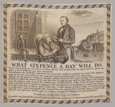 What Sixpence a Day Will Do-picture printed on fabric, 19th century. Creator: Unknown.