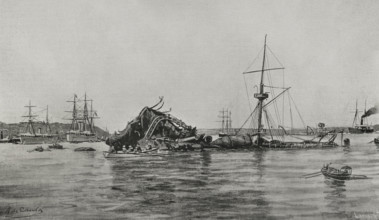 American battleship "Maine" after the explosion in the port of Havana on February 15, 1898, (1898).  Creator: Francisco Laporta Valor.