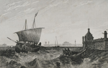 View of the old Stock Exchange building and glimpse of Peter and Paul Fortress..., 1839. Creator: Augustin François Lemaitre.