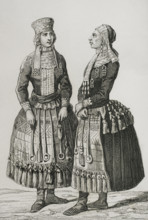 Mordvin women wearing traditional costumes, 1839. Creator: Augustin François Lemaitre.