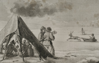 Laplanders in a tent, Lapland, 1839. Creator: Augustin François Lemaitre.