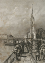 Bell tower of St. Nicholas Naval Cathedral, Saint Petersburg, Russia, 1839.  Creator: Hippolyte Lalaisse.