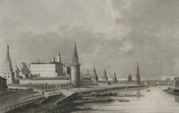 View of the Kremlin from the Stone Bridge, Moscow, Russia, 1839. Creator: Samuel Cholet.