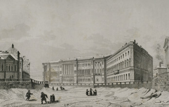 View of the General Staff Building on the bank of the Moyka River Canal, St Petersburg, Russia, 1839 Creator: Traversier.