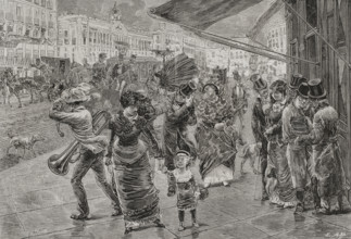 Puerta del Sol (Gate of the Sun), Madrid, 1878. People walking surprised by the wind.  Creator: Enrique Alba.