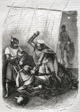 Beltrán Duguesclín and the king's half-brother, Enrique de Trastámara, stabbing King Pedro..., 1852. Creator: Tomás Carlos Capuz.