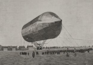 Aerostation flight test with an aluminum airship, held at Tempelhof, nr Berlin, on Nov 3 1897,1898.  Creator: Benigno Matute Parga.