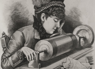 A "prima donna" singing by using Edison's phonograph receiver, 1878. Creator: Unknown.