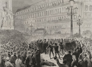 The Spanish Estudiantina - Serenade in the Opera Square, March 7, 1878, Paris Carnival of 1878. Creator: Unknown.