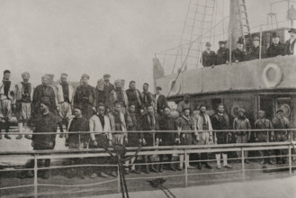 British men, captured by troops of the Sultan, on board the steamship "Al-Hassani", Morocco, 1898. Creator: Unknown.