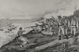 Spanish-American War: Spanish soldiers attacking US troops landing on the coast of Cuba, 1898.  Creator: Enrique Laporta Valor.