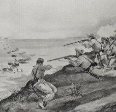 Spanish-American War: Spanish soldiers rejecting the landing of US troops...Cienfuegos (Cuba), 1898. Creator: Enrique Laporta Valor.