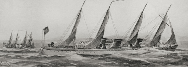 Spanish-American War: Spanish torpedo boats on their way to the island of Cuba, 1898. Creator: Antonio de Caula.