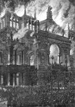 Burning of the Ring Theatre at Vienna drawn by J. Schonberg from a sketch by Mangold of Vienna, 1881 Creator: Unknown.