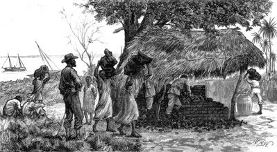 The Slave Trade on the East Coast of Africa: coaling station for... H.M.S. London, at Funzi..., 1881 Creator: W. B. W..
