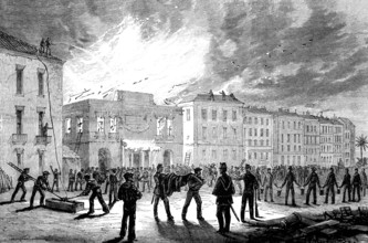 Burning of the Municipal Theatre at Nice: the fire viewed from the Rue St. Francis de Paul, 1881.  Creator: Unknown.