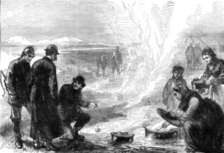 The Tourist in Iceland: on the road to the geysirs - boiling eggs in the hot springs, 1881. Creator: Unknown.