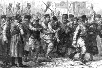 Ill-treatment of the Jews in Russia: assault on a Jew in the presence of the military at Kiev, 1881. Creator: Schombeer.