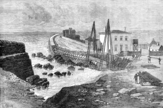 The Late Storms: breach in the sea wall on the strand at Youghal, Ireland, 1881. Creator: Unknown.