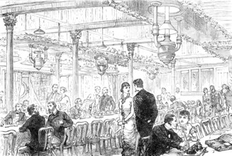Departure of a Cunard steamer from Liverpool: the Saloon, 1881. Creator: Unknown.