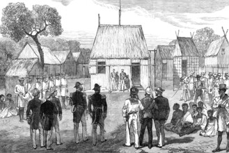 Reception of British naval officers by the native governor of Mohabo, Madagascar, 1881. Creator: Unknown.
