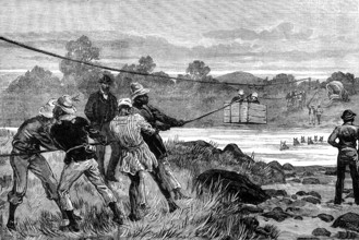 The Transvaal War: difficulties of travelling in South Africa: officers crossing the Ingagani, 1881. Creator: Crane.