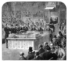 The late Lord Beaconsfield: Mr. Disraeli addressing the House of Commons as Chancellor, 1867, (1881) Creator: Unknown.