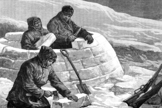 The American Franklin Search Expedition - the first frost: building a snow house, 1881. Creator: W. I. Mosses.