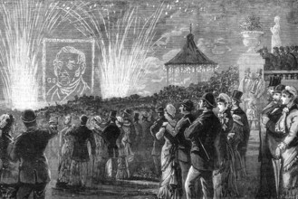 The George Stephenson Centenary Festival: firework display in Leazes Park, Newcastle-on-Tyne, 1881. Creator: W. P..