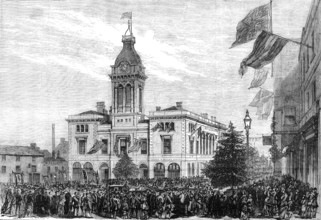 George Stephenson Centenary Festival: procession of benefit societies passing the Market-Hall, 1881. Creator: Unknown.
