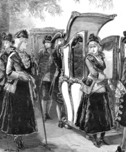 Three ladies of fashion on their way to "Ye Olde English Fayre," at the Albert Hall, 1881. Creator: W. I. Mosses.