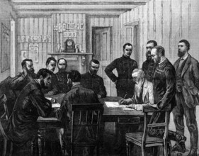 The Transvaal War: signing the terms of peace with the Boers at O'Neil's Farm...March 21, 1881. Creator: Frank Dadd.