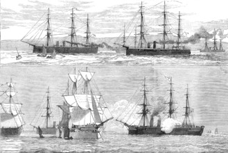 The Flying Squadron entering the Bay of Yedo [and] the Bacchante saluting the Japanese flag, 1881. Creator: Unknown.