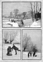 Scenes on the frozen Thames: an extemporised sledge; at Twickenham; near Teddington, 1881. Creator: Unknown.
