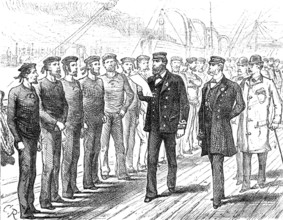 Departure of a Cunard steamer from Liverpool: muster of the crew for inspection, 1881. Creator: Unknown.
