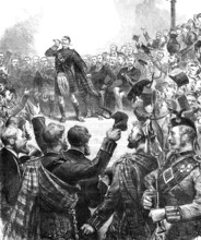 Meeting at Stafford House to protest against the change in the tartans of Highland Regiments, 1881. Creator: Unknown.
