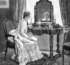 Then, looking up in her trouble and perplexity, she caught sight of her own face in the glass, 1883. Creator: R. Taylor.