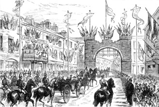 The Royal Visit to Swansea: the procession passing the Old City Arch, 1881. Creator: Unknown.